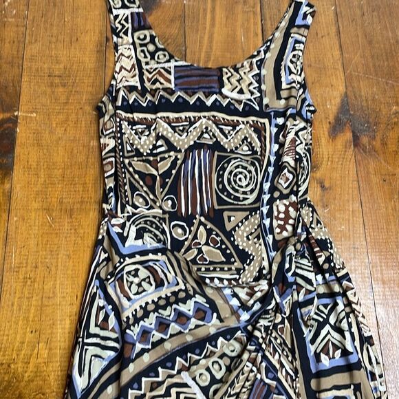 90s Vintage geometric Print Rayon Tie Front Tank Midi Dress black size 9 - 10 - Picture 2 of 7